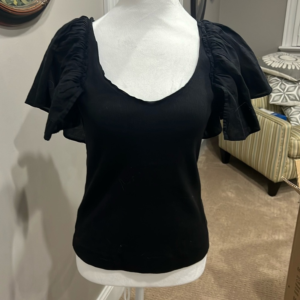 Maeve Black knit flutter sleeve Maeve by anthropology short sleeved shirt